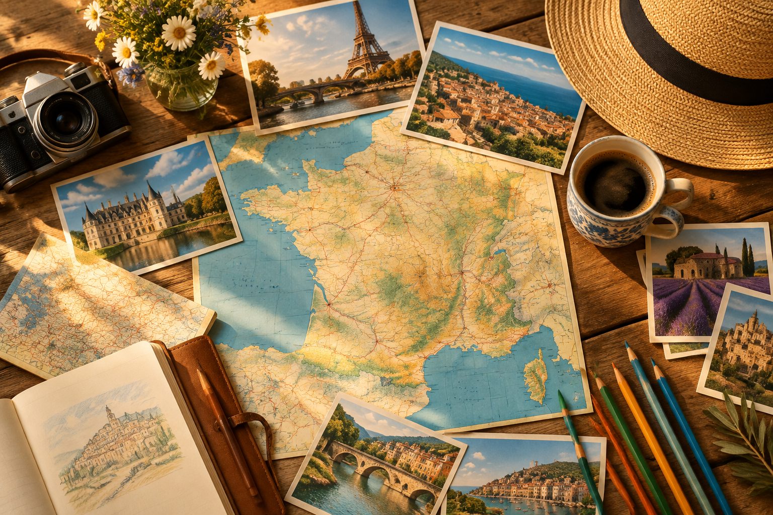 Travel planning desk with maps and postcards