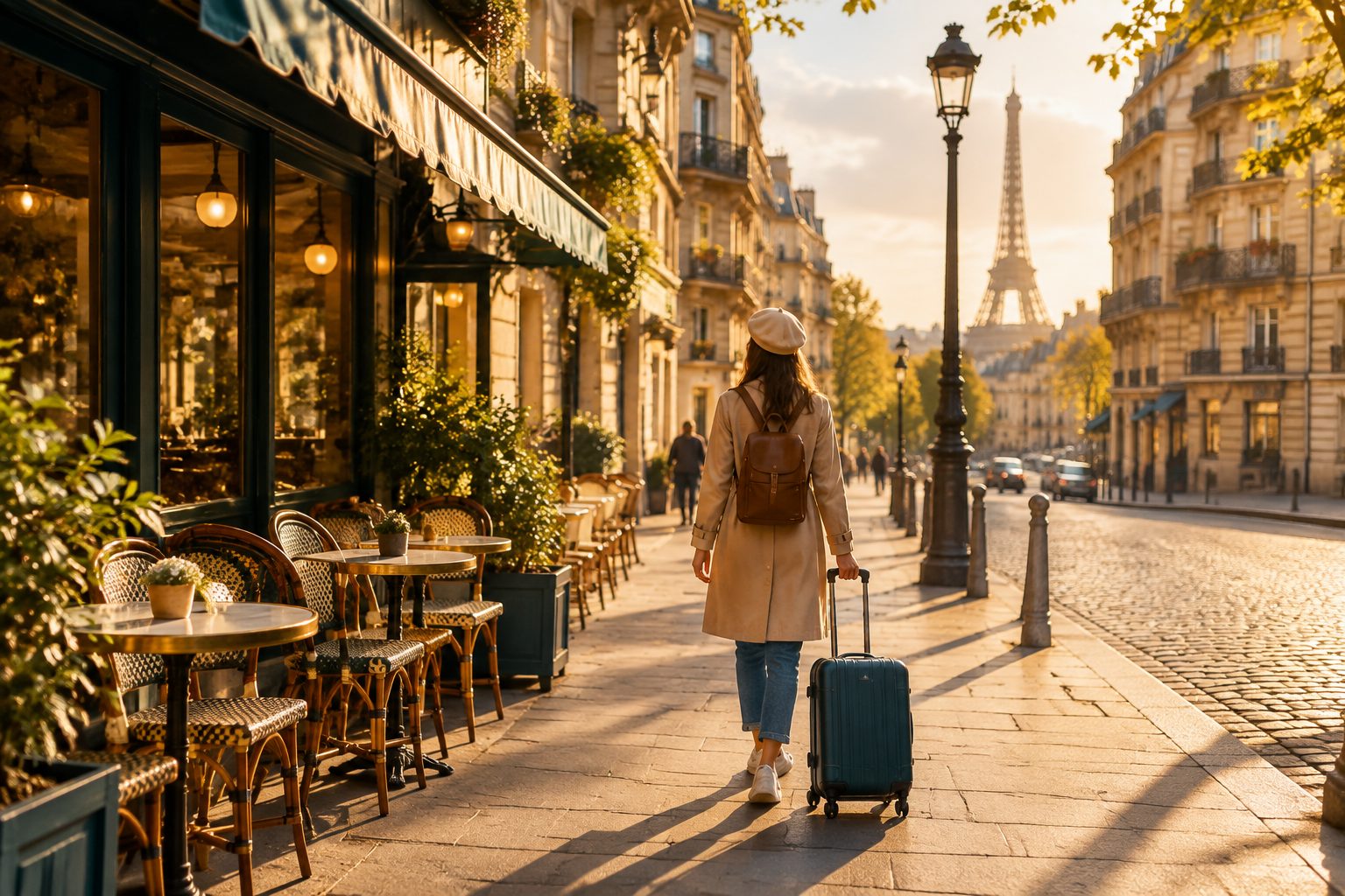 A traveller walking through a sunlit Parisian street