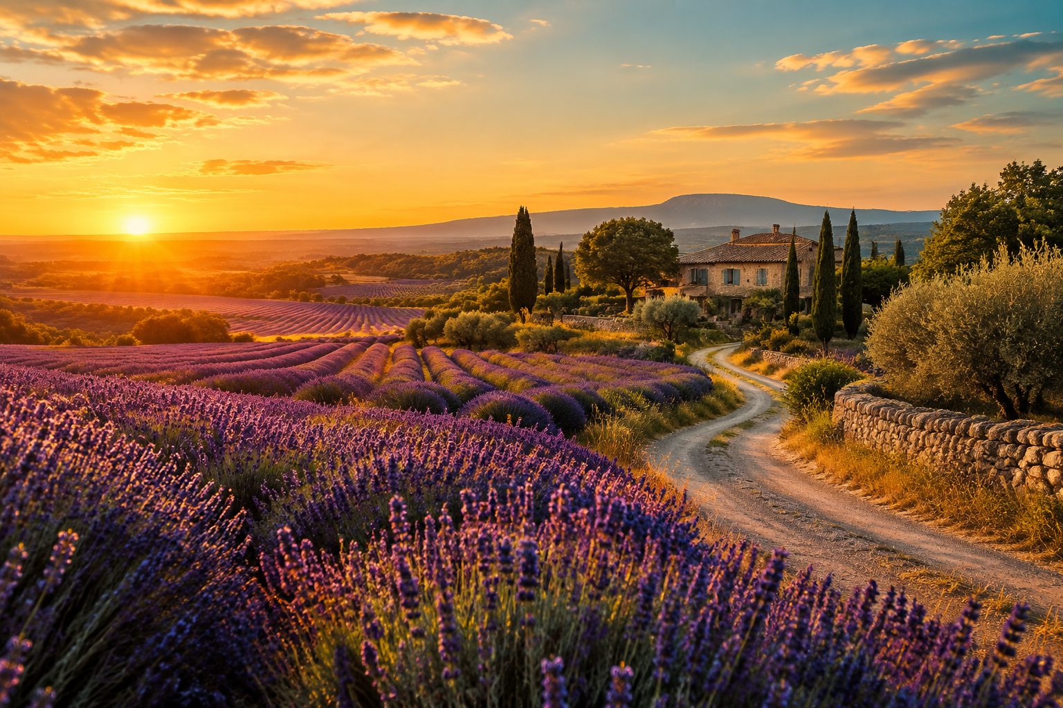 Lavender fields of Provence at golden hour