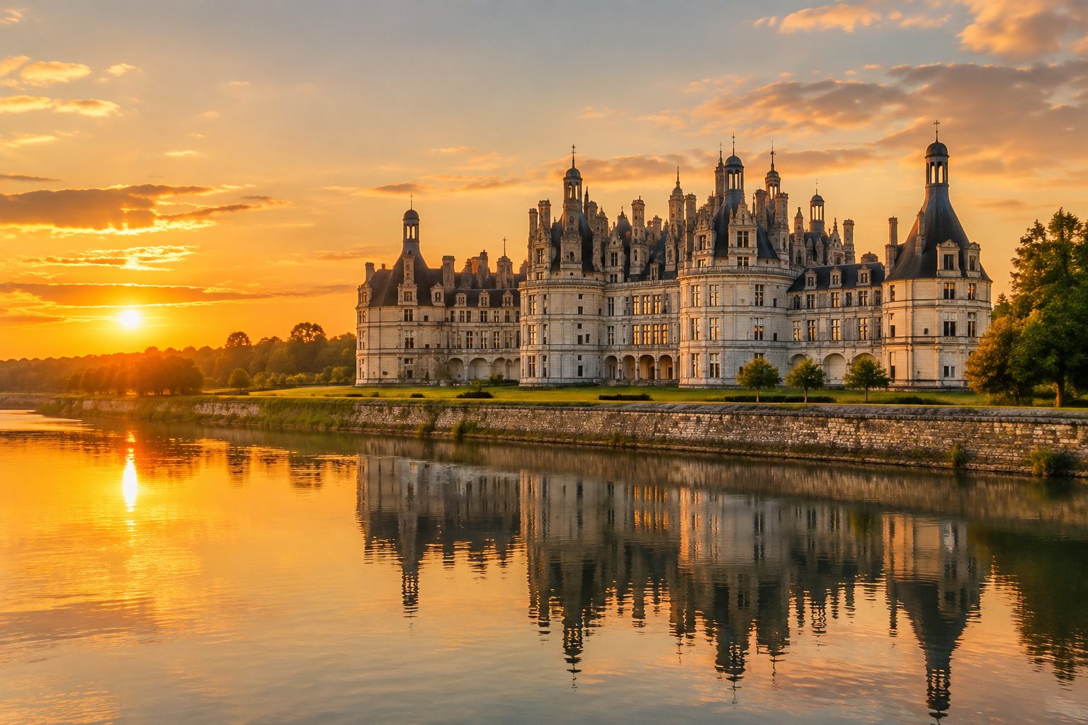 A Loire Valley chateau reflected in the river at sunset