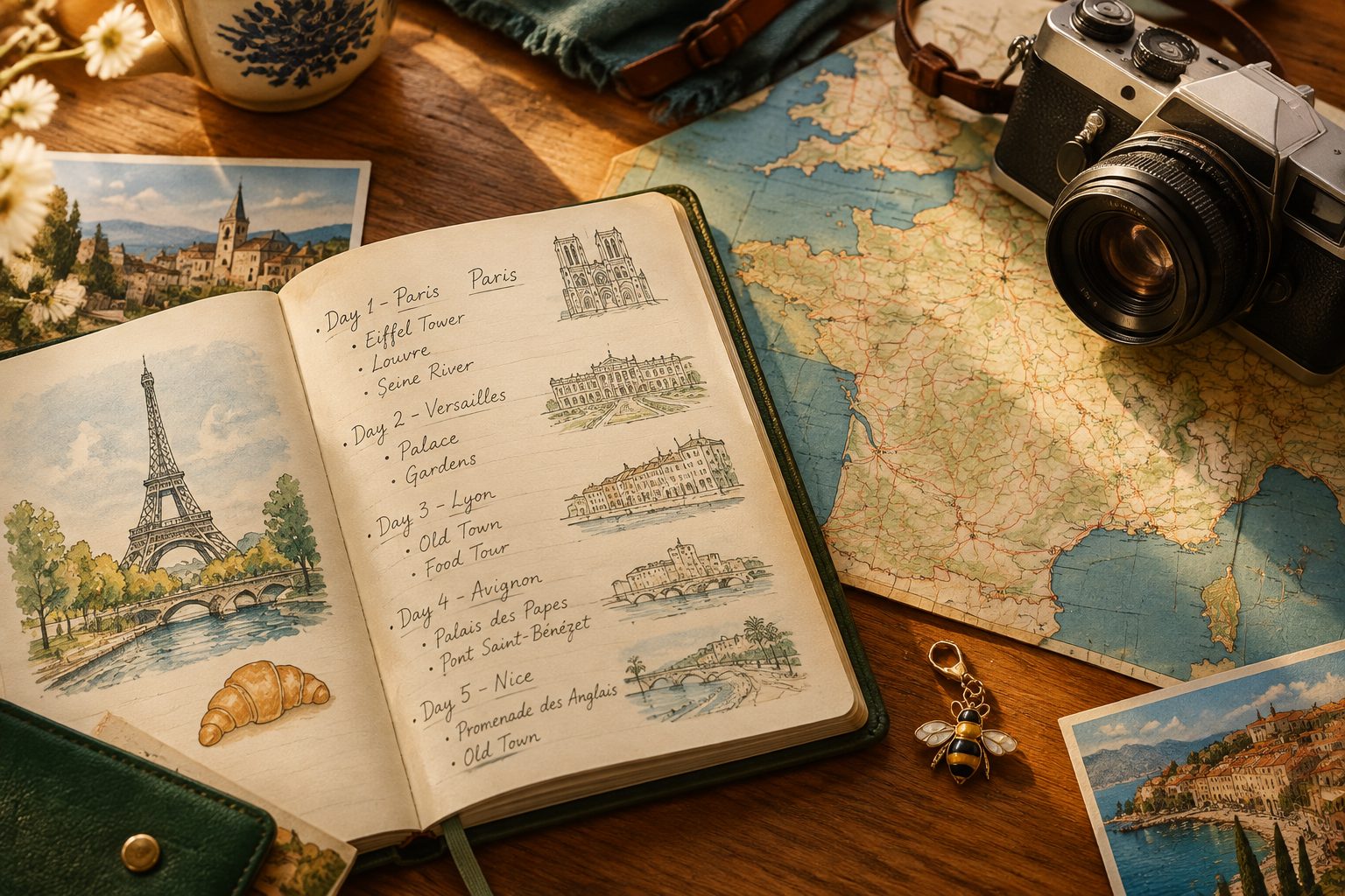 An open travel handbook with a handwritten itinerary and map
