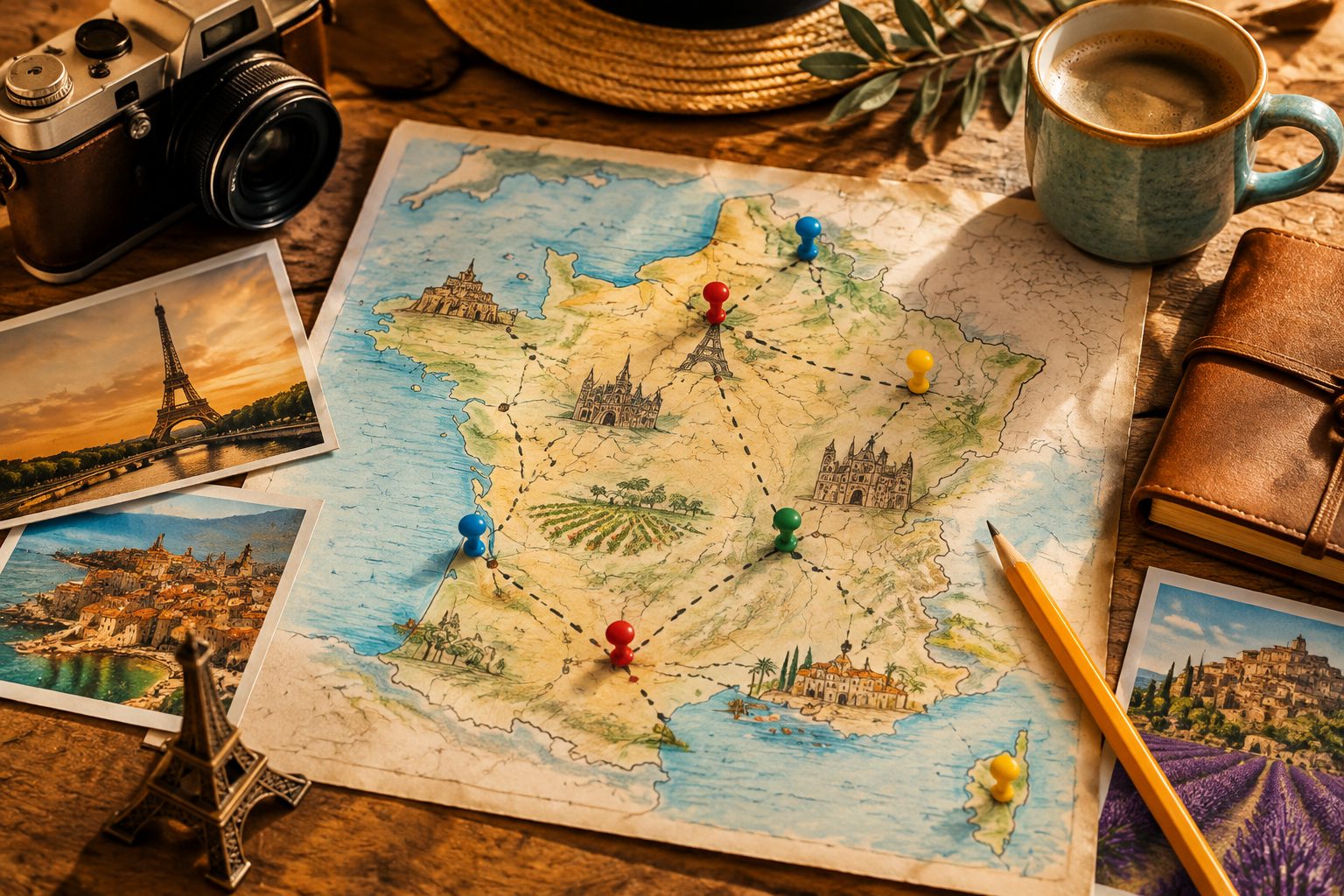 A hand-drawn route map with pins and notes