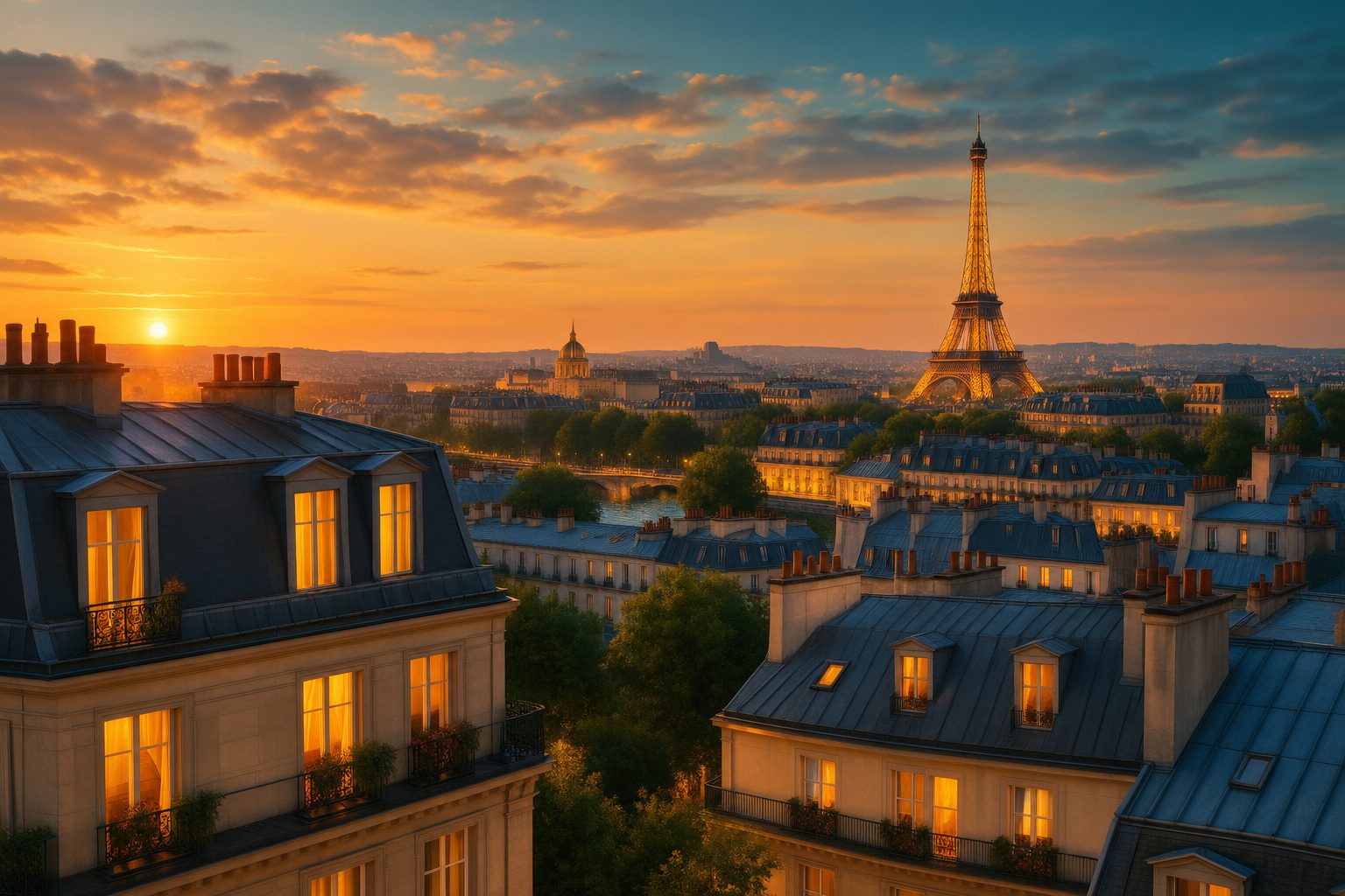 Paris rooftops with the Eiffel Tower at dusk