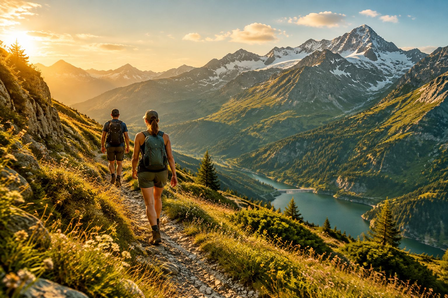 Hikers on a mountain trail in the French Alps